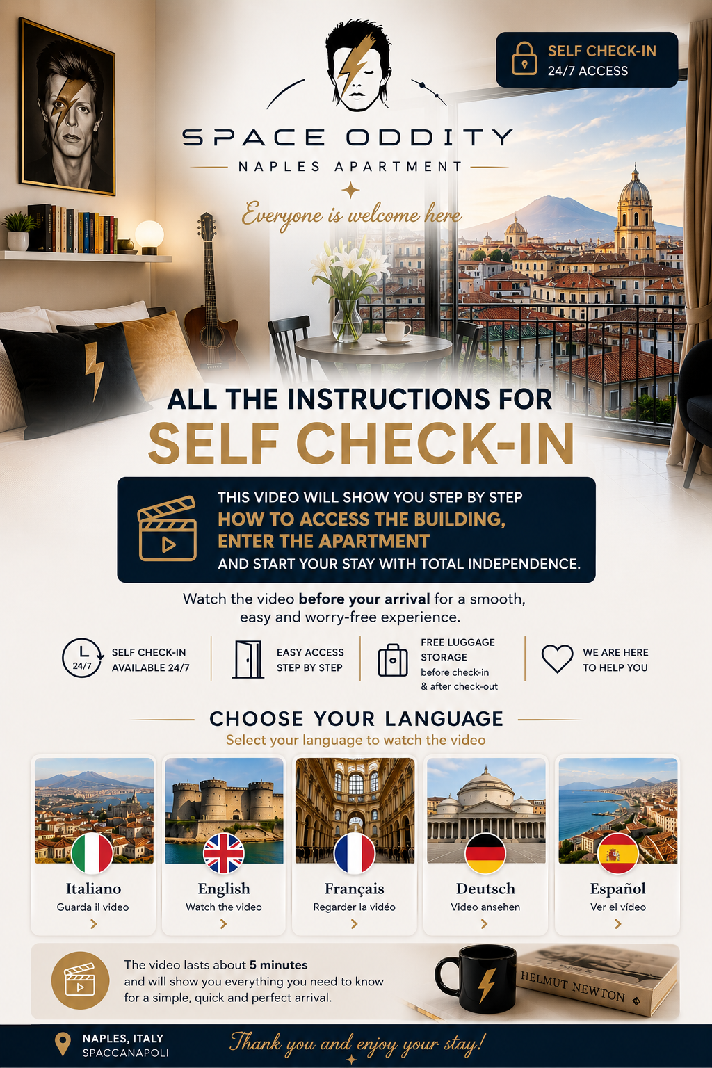 Space Oddity Naples Apartment self check-in guide with five language choices